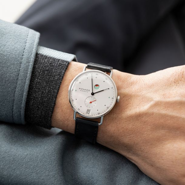 NOMOS Metro Date Power Reserve White Dial Black Leather Strap Watch 37mm 1101 REEDS Jewelers