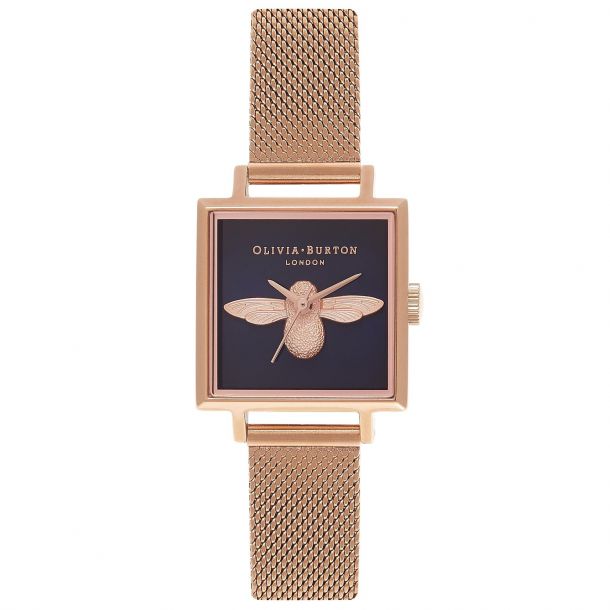 Olivia Burton 3D Bee Black Square Dial Rose Gold Ion Plated Mesh Stainless Steel Bracelet Watch OB16AM96 REEDS Jewelers