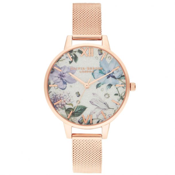 Olivia Burton Bejewelled Florals Glitter Dial Rose Gold Tone Mesh Watch OB16BF27