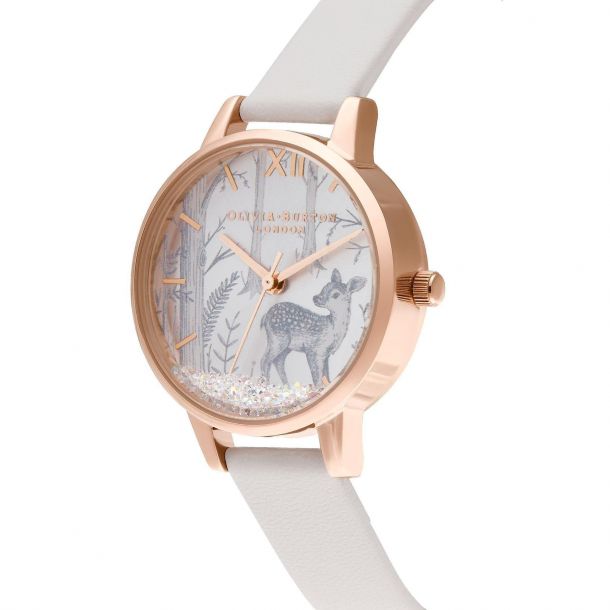 Olivia Burton Deer Snow Globe Rose Gold Tone and Vegan Blush Leather Watch OB16SG11