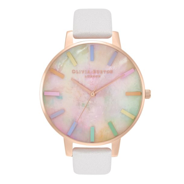 Olivia Burton Rainbow Mother of Pearl Big Dial Blush Leather Strap Watch 38mm OB16RB27