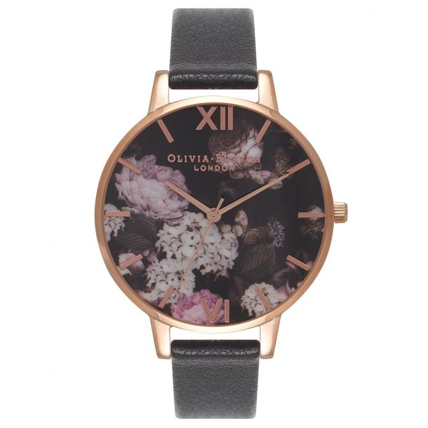 Olivia Burton Signature Floral Black Dial Leather Strap Watch OB15WG12