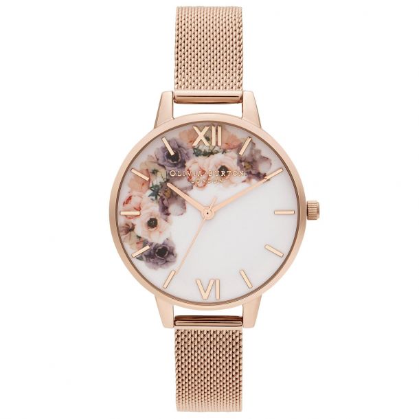 Olivia Burton Watercolor Florals Pale Rose Gold Plated Mesh Watch OB16PP57
