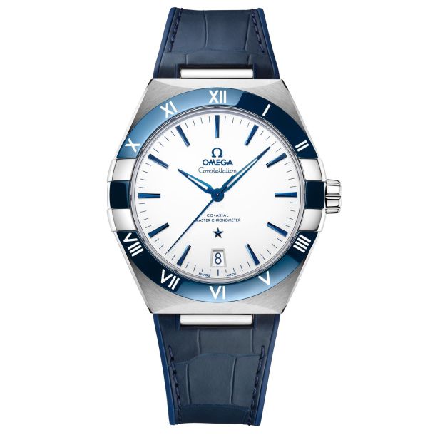 Omega Constellation Co Axial Master Chronometer Blue Leather Strap Watch White Dial 41mm O13133412104001