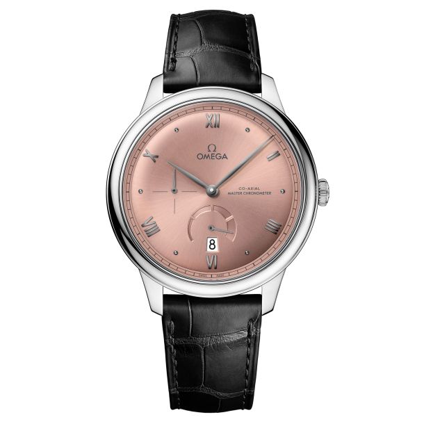 OMEGA De Ville Prestige Co Axial Master Chronometer Power Reserve Salmon Pink Dial Black Leather Strap Watch 41mm O43413412110001 REEDS Jewelers
