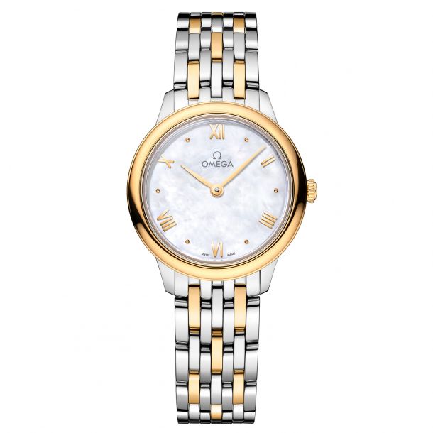 OMEGA De Ville Prestige Quartz Mother of Pearl Dial Stainless Steel and Yellow Gold Watch 27.5mm O43420286005001 REEDS Jewelers