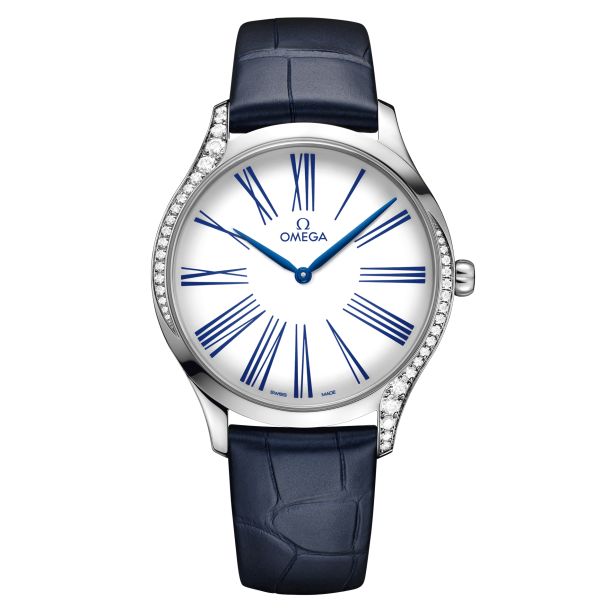 OMEGA De Ville Tresor Quartz White Dial Diamond Blue Leather Strap Watch 39mm O42818396004001