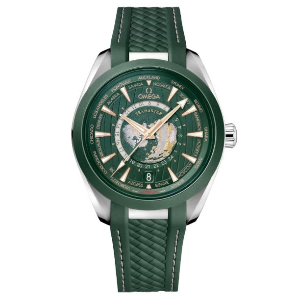 OMEGA Seamaster Aqua Terra 150M Co Axial Master Chronometer GMT Worldtimer Green Rubber Strap Watch 43mm O22032432210001 REEDS Jewelers