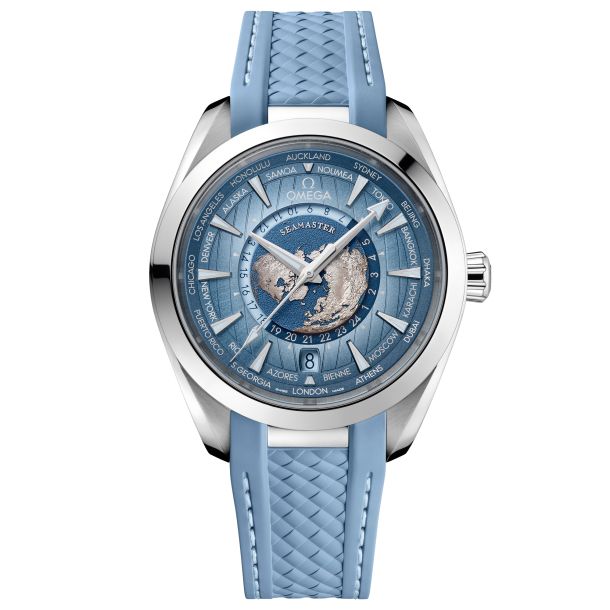 OMEGA Seamaster Aqua Terra 150M Co Axial Master Chronometer GMT Worldtimer Summer Blue Dial Rubber Strap Watch 43mm O22012432203002