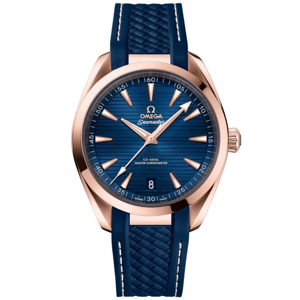 OMEGA Seamaster Aqua Terra 150M Co Axial Master Chronometer Sedna Gold Blue Rubber Strap Watch 41mm O22052412103001 REEDS Jewelers