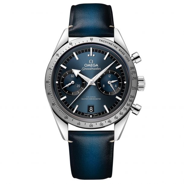 OMEGA Speedmaster 57 Co Axial Master Chronometer Chronograph Blue Leather Strap Watch Blue Dial 40.5mm O33212415103001 REEDS Jewelers