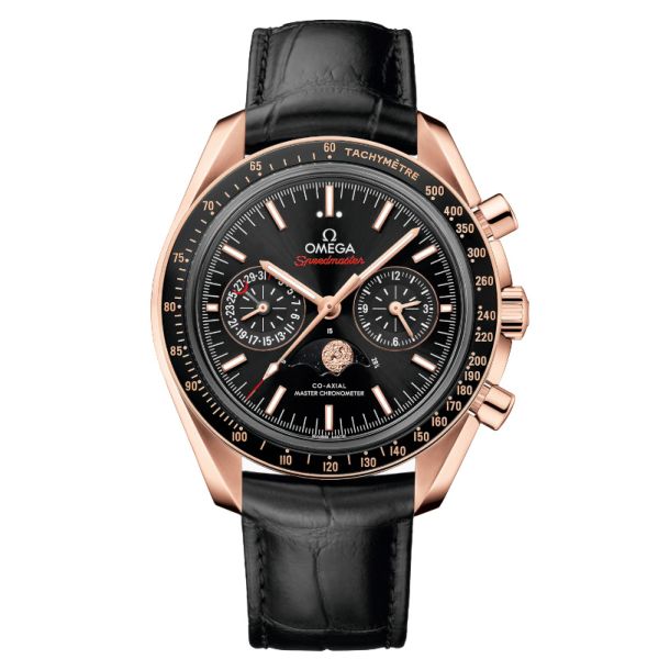 OMEGA Speedmaster Moonphase Co Axial Master Chronometer Chronograph Sedna Gold and Black Leather Strap Watch 44.25mm O30430445201001