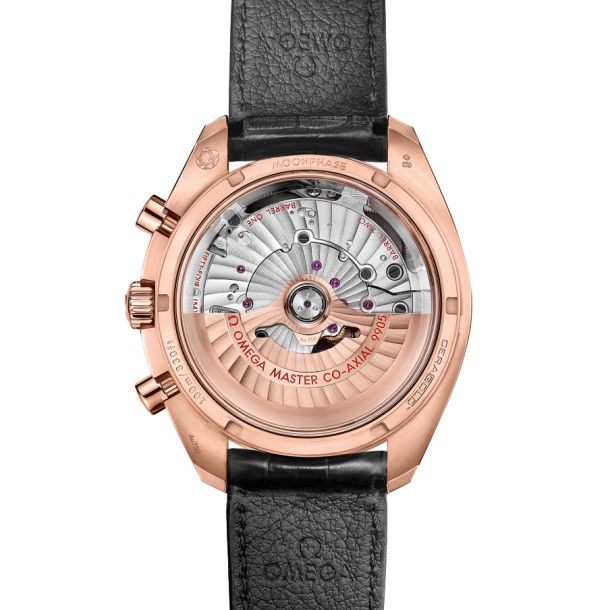OMEGA Speedmaster Moonphase Co Axial Master Chronometer Chronograph Sedna Gold and Black Leather Strap Watch 44.25mm O30430445201001 REEDS Jewelers