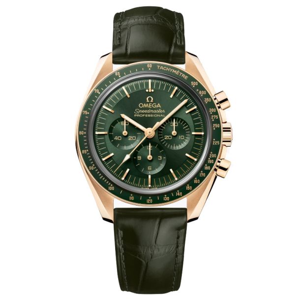 OMEGA Speedmaster Moonwatch Professional Co Axial Master Chronometer Chronograph Moonshine Gold and Green Leather Strap Watch 42mm O31063425010001 REEDS Jewelers