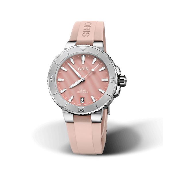 Oris Aquis Date Pink Rubber Strap Watch 36.5mm 733 7770 4158 4 18 66FC REEDS Jewelers
