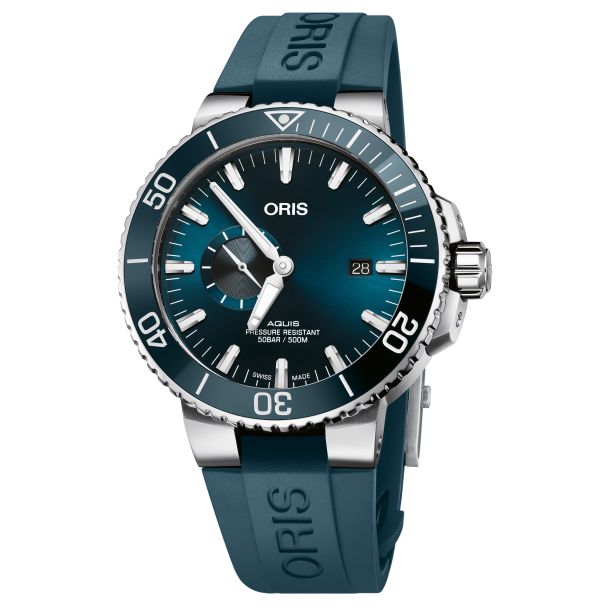 Oris Aquis Small Second Date Blue Dial Rubber Strap Watch 45.5mm 01 743 7733 4155 07 4 24 69EB REEDS Jewelers