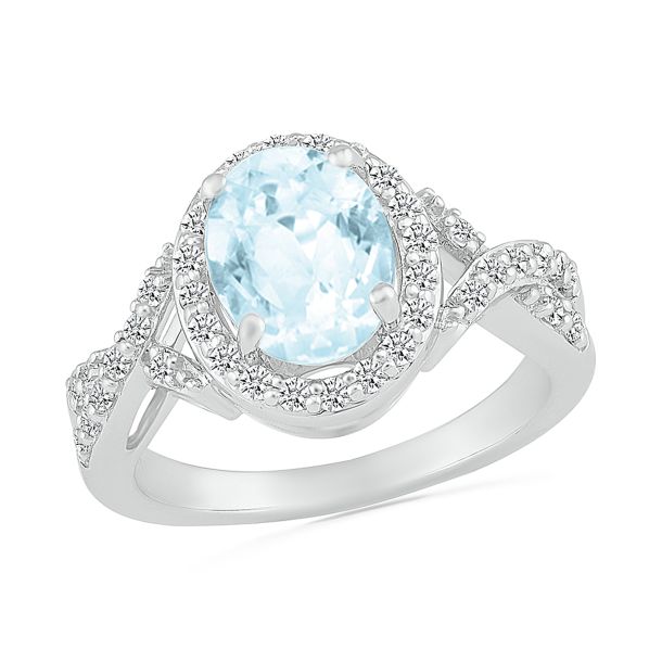 Oval Aquamarine and 1 3ctw Diamond Halo White Gold Ring