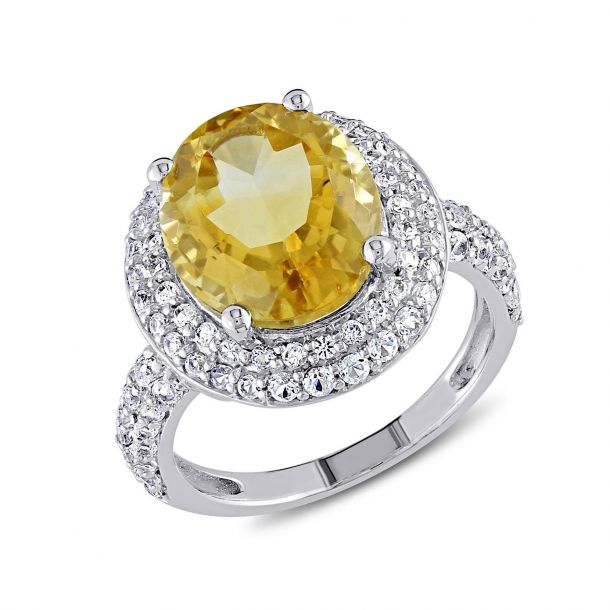 Oval Citrine and Created White Sapphire Double Halo Sterling Silver ...
