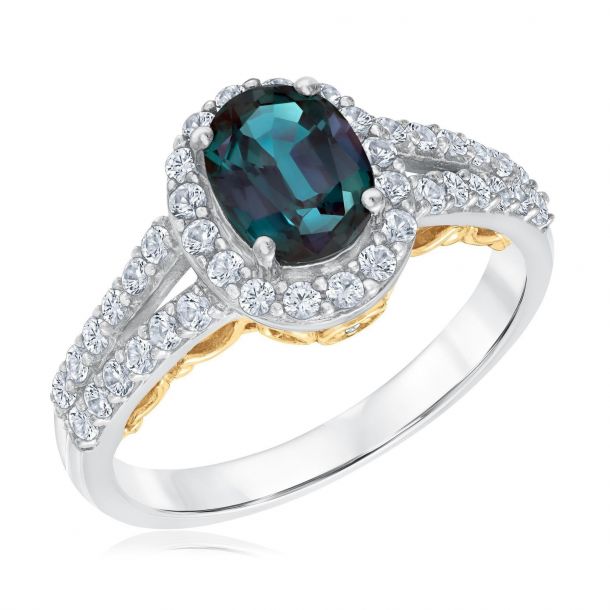 Oval Created Alexandrite Diamond and Created White Sapphire Ring