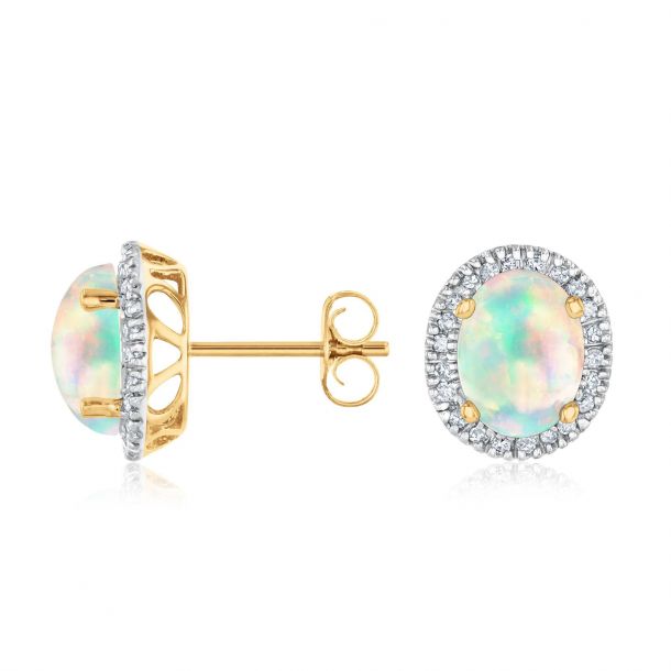 Oval Opal and Diamond Halo Yellow Gold Stud Earrings 1/6ctw