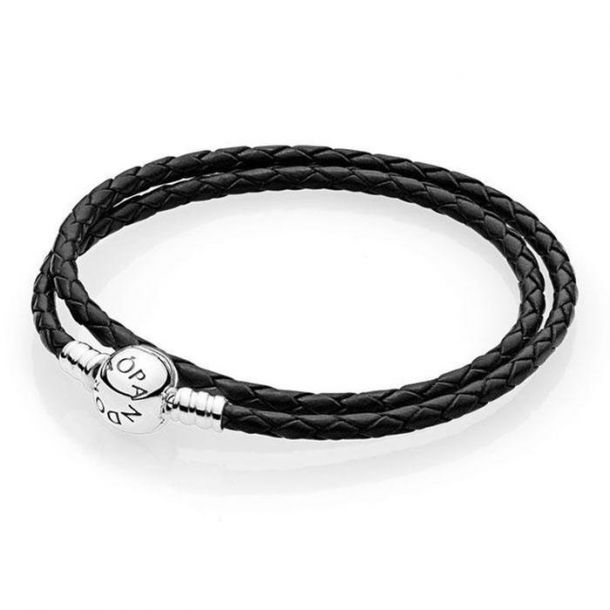Pandora Black Braided Double Leather Charm Bracelet 13.8inches