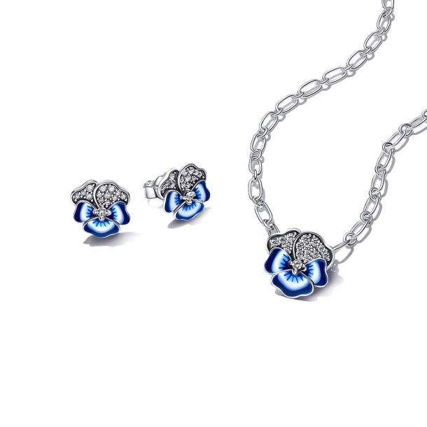Pandora Blue Pansy Necklace & Stud Earrings Set REEDS Jewelers