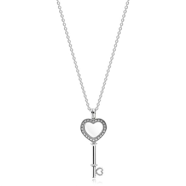Pandora Floating Locket Heart Key Necklace Sapphire Crystal Clear Cubic Zirconia