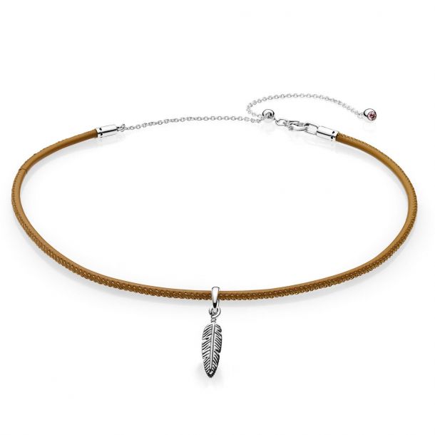 PANDORA Golden Tan Leather Choker Necklace and Feather Pendant Clear Cubic Zirconia