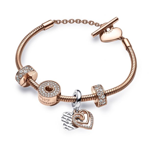 Pandora Happy Anniversary My Love Charm Bracelet Set Rose Gold Plated 7.1 Inches