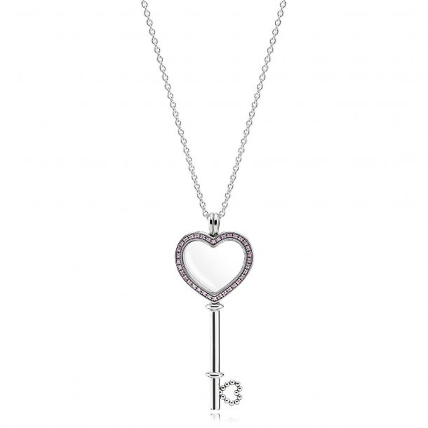 PANDORA Large Floating Locket Heart Key Sapphire Crystal Fancy Fuchsia Pink Cubic Zirconia