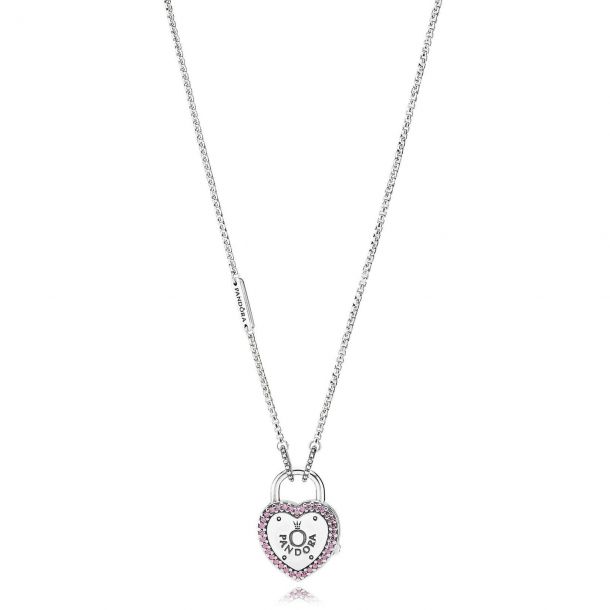 Pandora Lock Your Promise Necklace Fancy Fuchsia Pink Cubic Zirconia