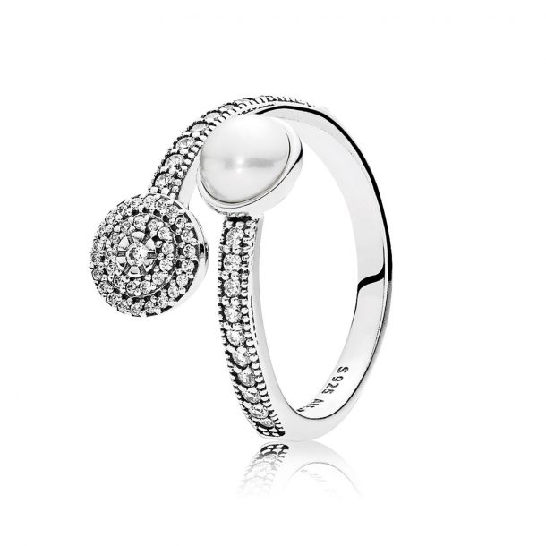 Pandora Luminous Glow Ring White Crystal Pearl and Clear Cubic Zirconia Size 7