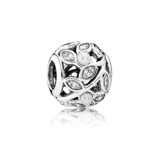 Pandora Luminous Leaves White Pearl Charm with Clear Cubic Zirconia