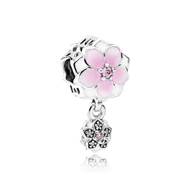 Pandora Magnolia Bloom Dangle Charm Pale Cerise Enamel Pink Clear Cubic Zirconia