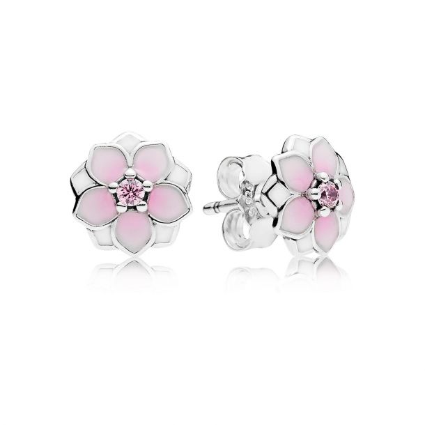 PANDORA Magnolia Bloom Earrings Pale Cerise Enamel Pink Cubic