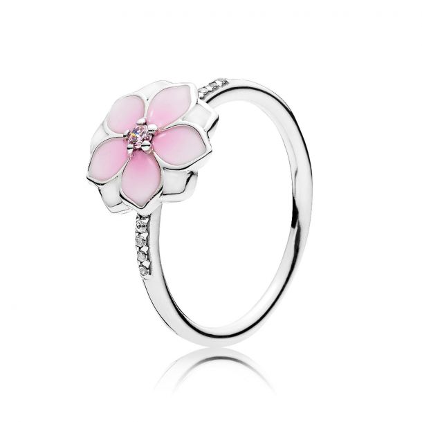 Pandora Magnolia Bloom Ring Pale Cerise Enamel Pink Cubic Zirconia Size 4.5 REEDS Jewelers