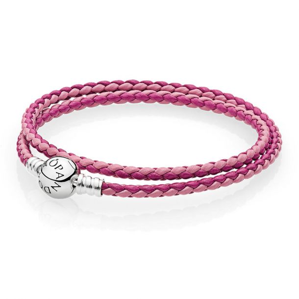 Pandora Mixed Pink Woven Double Leather Charm Bracelet 13.8inches