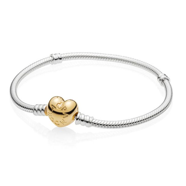 Pandora Moments Gold Plated Heart Clasp Sterling Silver Snake Chain Bracelet REEDS Jewelers