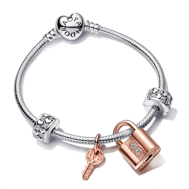 Pandora Moments Heart Clasp Bracelet, Padlock and Clip Charm Set