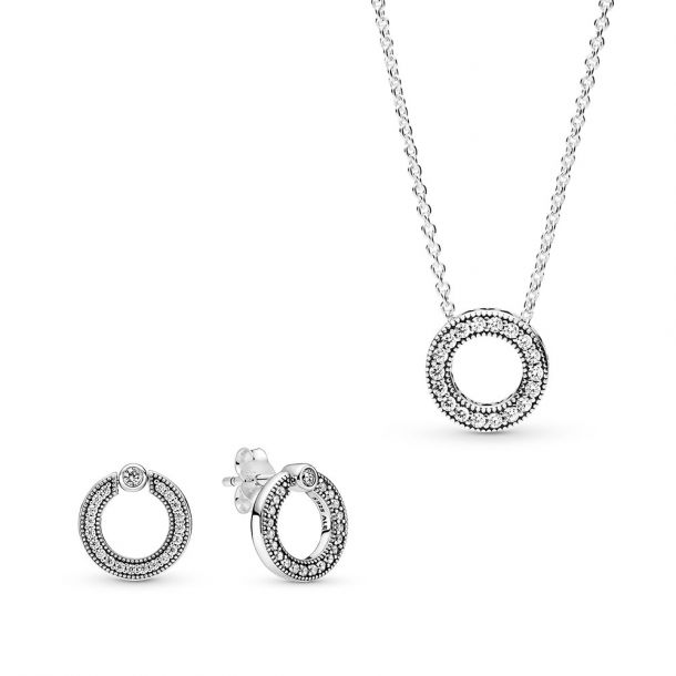 Pandora Pave and Logo Circle Necklace and Earring Set REEDS Jewelers