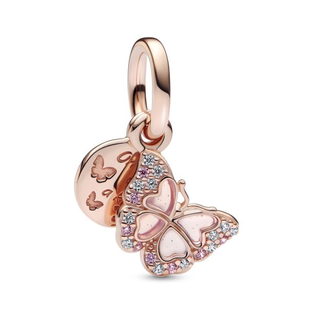 Pandora Pink Butterfly Quote Double Dangle Charm Rose Gold