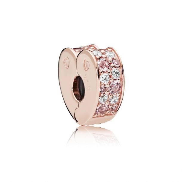 Pandora Arcs of Love Clip Light Pink and Rose Pink Crystals Clear Cubic Zirconia Rose Gold Plated