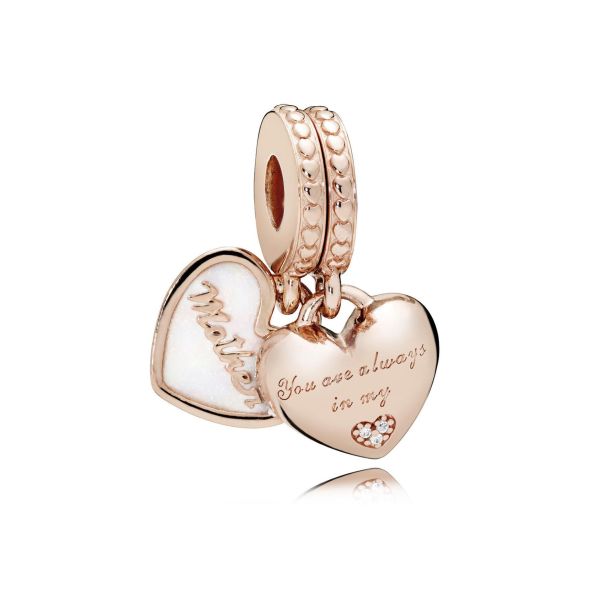 Pandora Mother and Daughter Hearts Dangle Charm Silver Enamel and Clear Cubic Zirconia Rose Gold Plated REEDS Jewelers