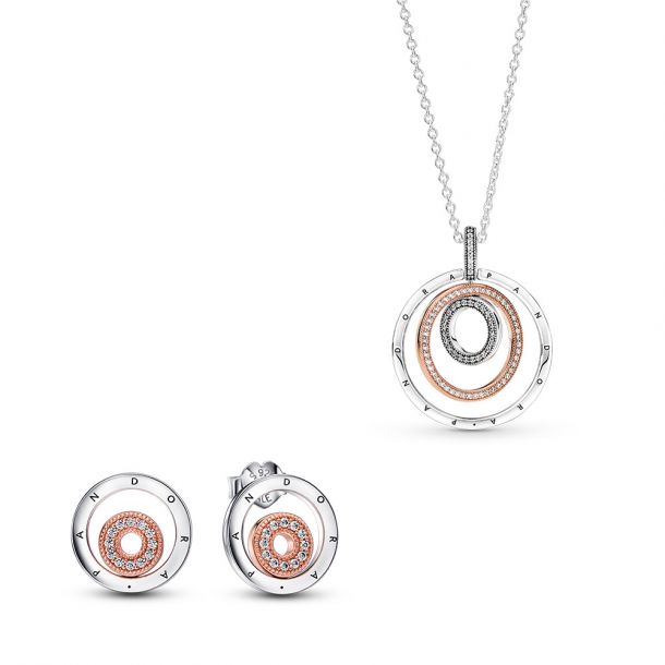 Pandora Signature I D Necklace and Earring Set Rose Gold Plated