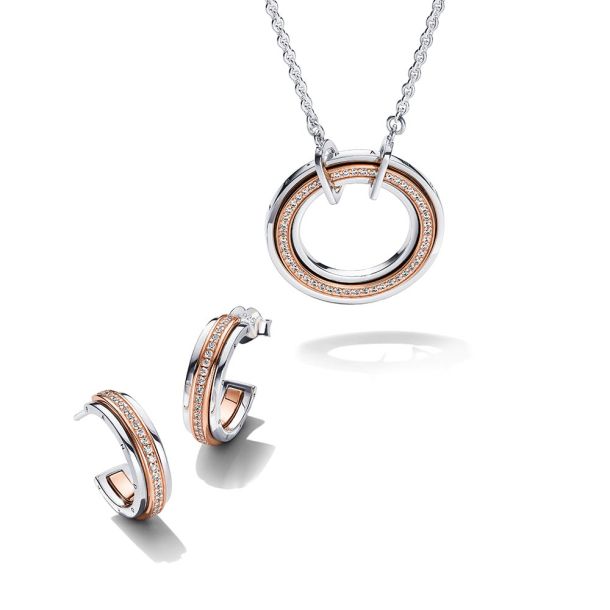 Pandora Signature Two Tone Logo Pave Necklace and Earrings Set Rose Gold Plated REEDS Jewelers