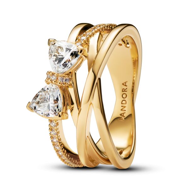 Pandora Sparkling Bow Crossover Gold Plated Band Ring