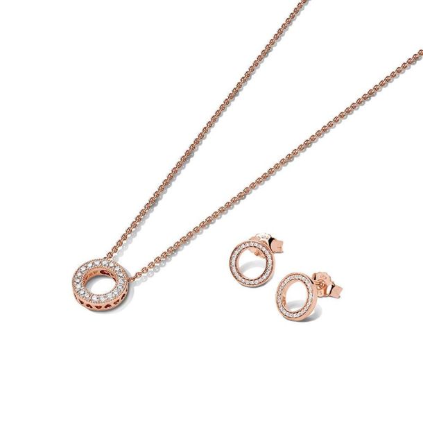 Pandora Sparkling Pave Circle Necklace and Earring Gift Set Rose Gold Plated