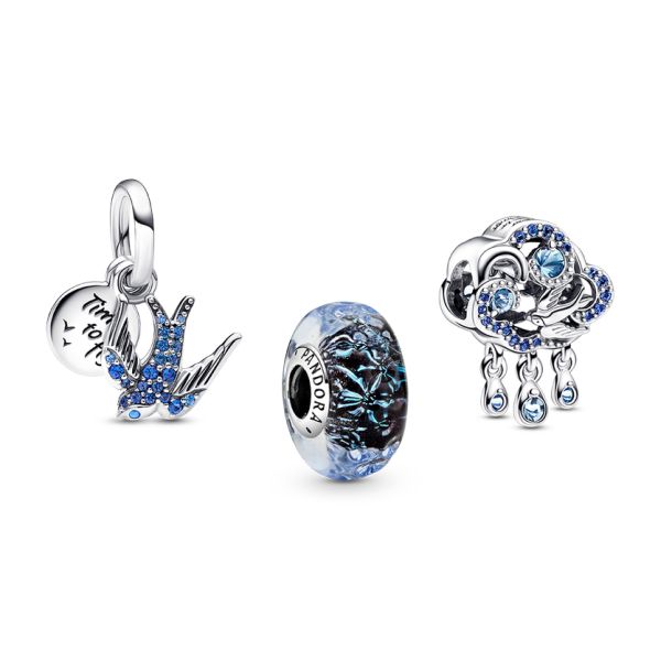 Pandora Time to Fly Let Your Dreams Be Your Wings Swallow and Murano Charm Trio Set