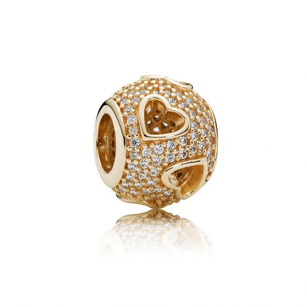 PANDORA Tumbling Hearts Gold Charm Clear Cubic Zirconia