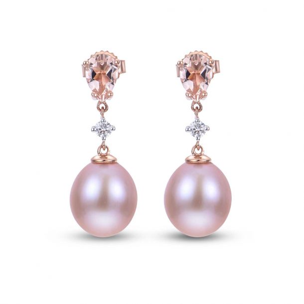 Pink Freshwater Cultured Pearl, Morganite, and Diamond Drop Earrings 1 ...